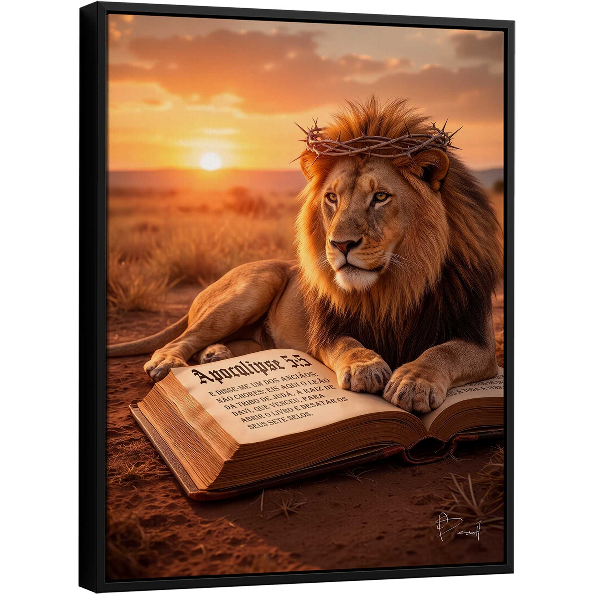 Majestic lion crowned with thorns resting on an open Bible in a sunlit savanna at sunset