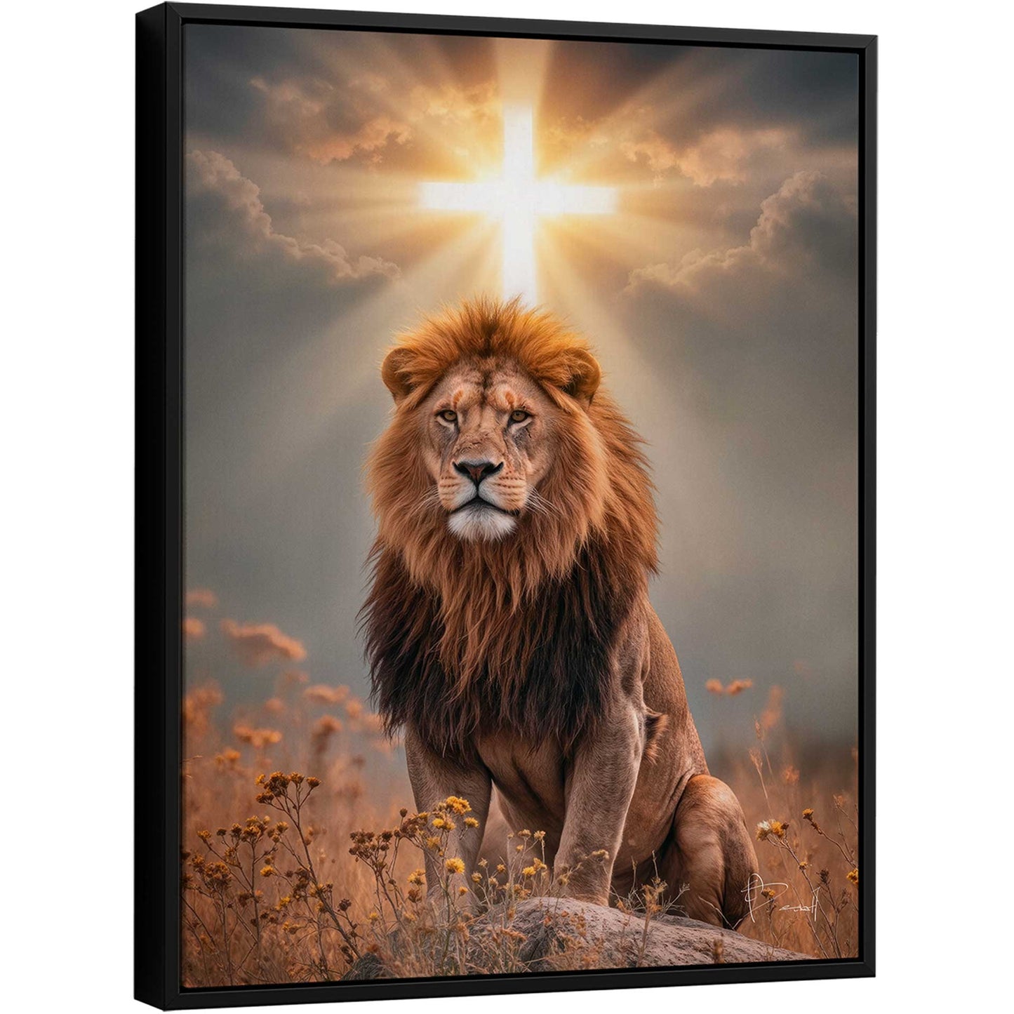 Majestic male lion seated on a rock amid golden, dry foliage under warm amber light.