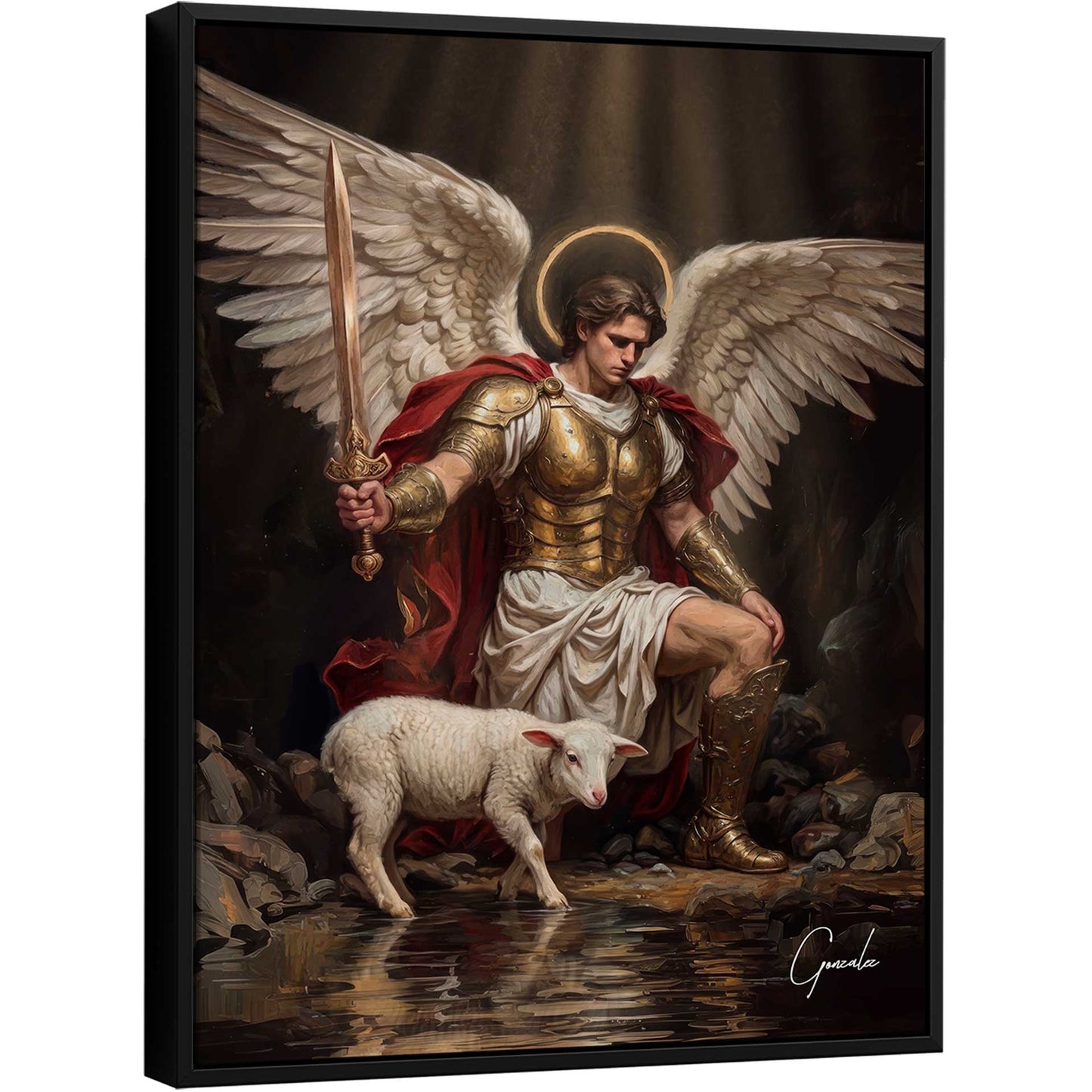 Archangel Michael with golden halo and gleaming armor kneels, holding a sword beside a calm white lamb.