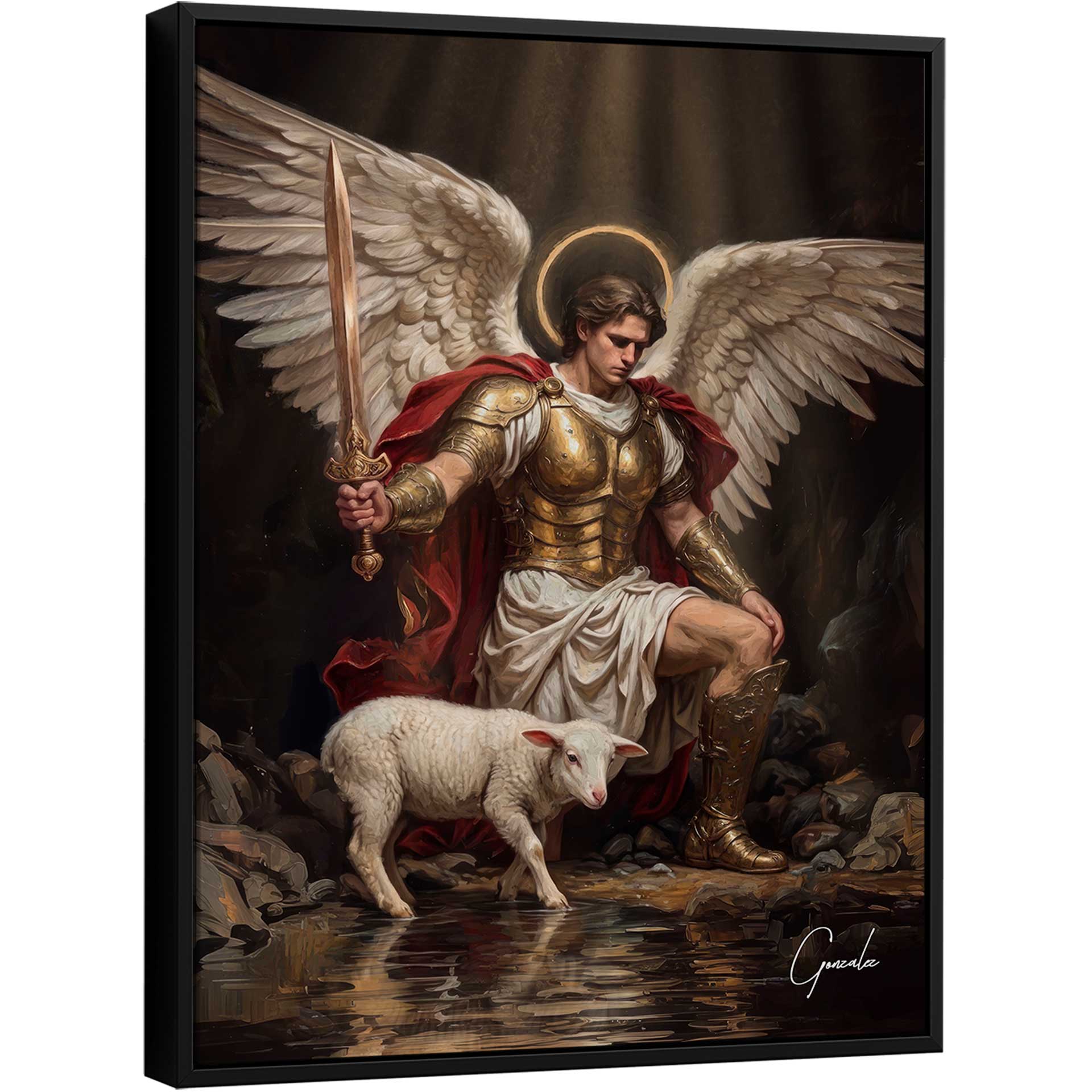 Archangel Michael with golden halo and gleaming armor kneels, holding a sword beside a calm white lamb.