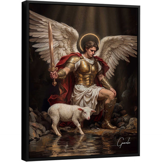 Archangel Michael with golden halo and gleaming armor kneels, holding a sword beside a calm white lamb.