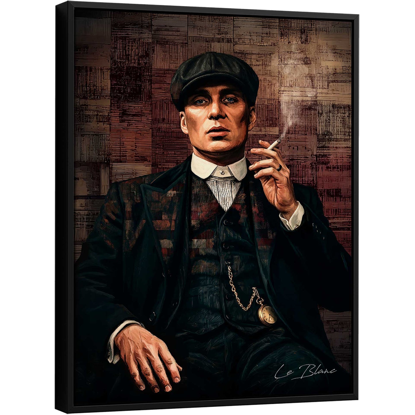 Tommy Shelby LegnArt poster: brooding seated portrait with blue eyes, flat cap, cigarette, and painterly textured background in deep blues and greens.