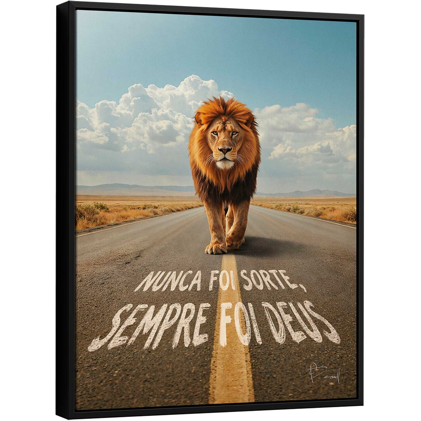Photorealistic painting of a majestic lion walking toward the viewer on a desolate desert road under a partly cloudy blue sky