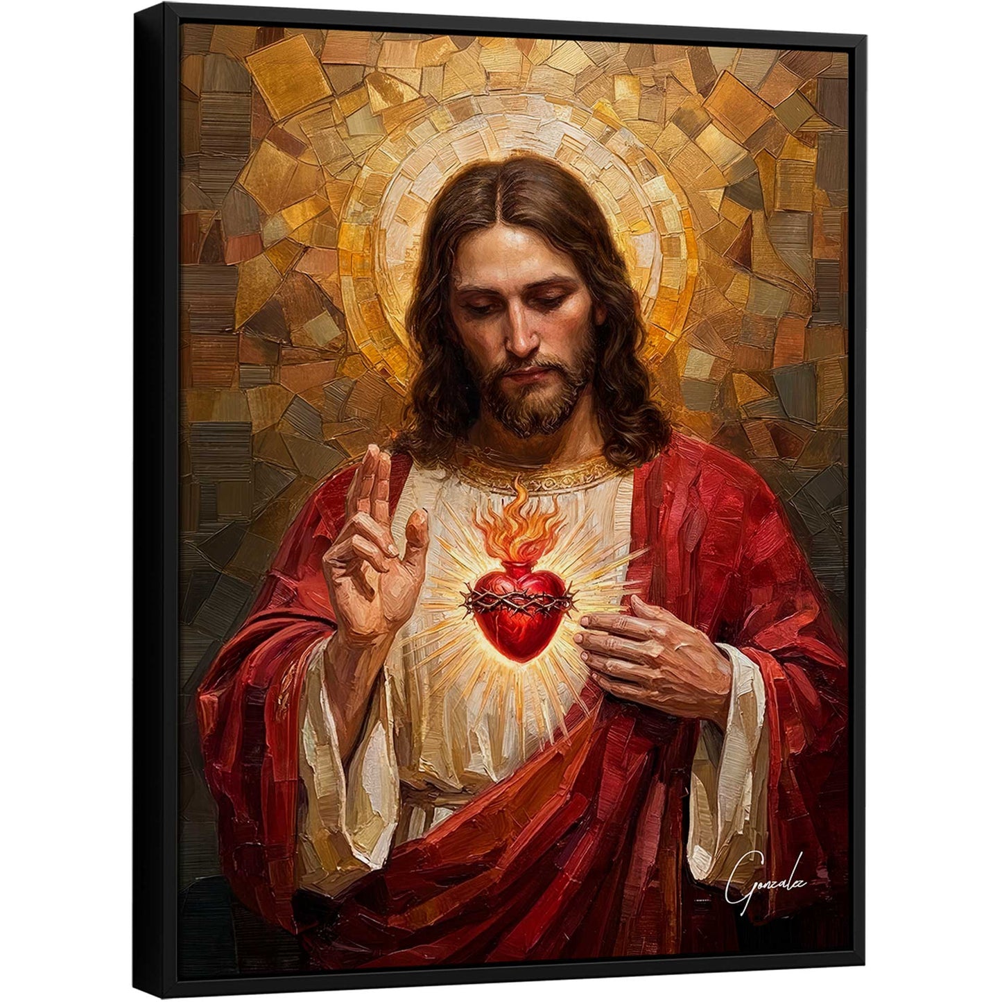 Serene Jesus Christ with the Eternal Sacred Heart glowing in golden light.