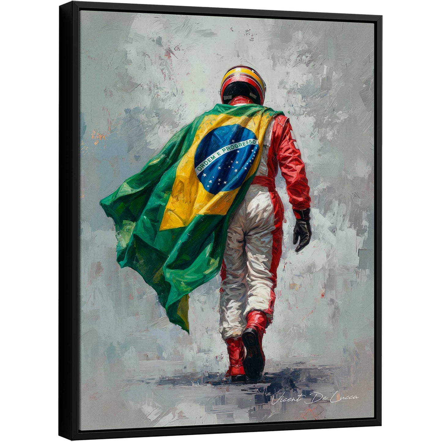 Contemporary oil painting of a racing driver seen from behind wearing a Brazilian flag cape