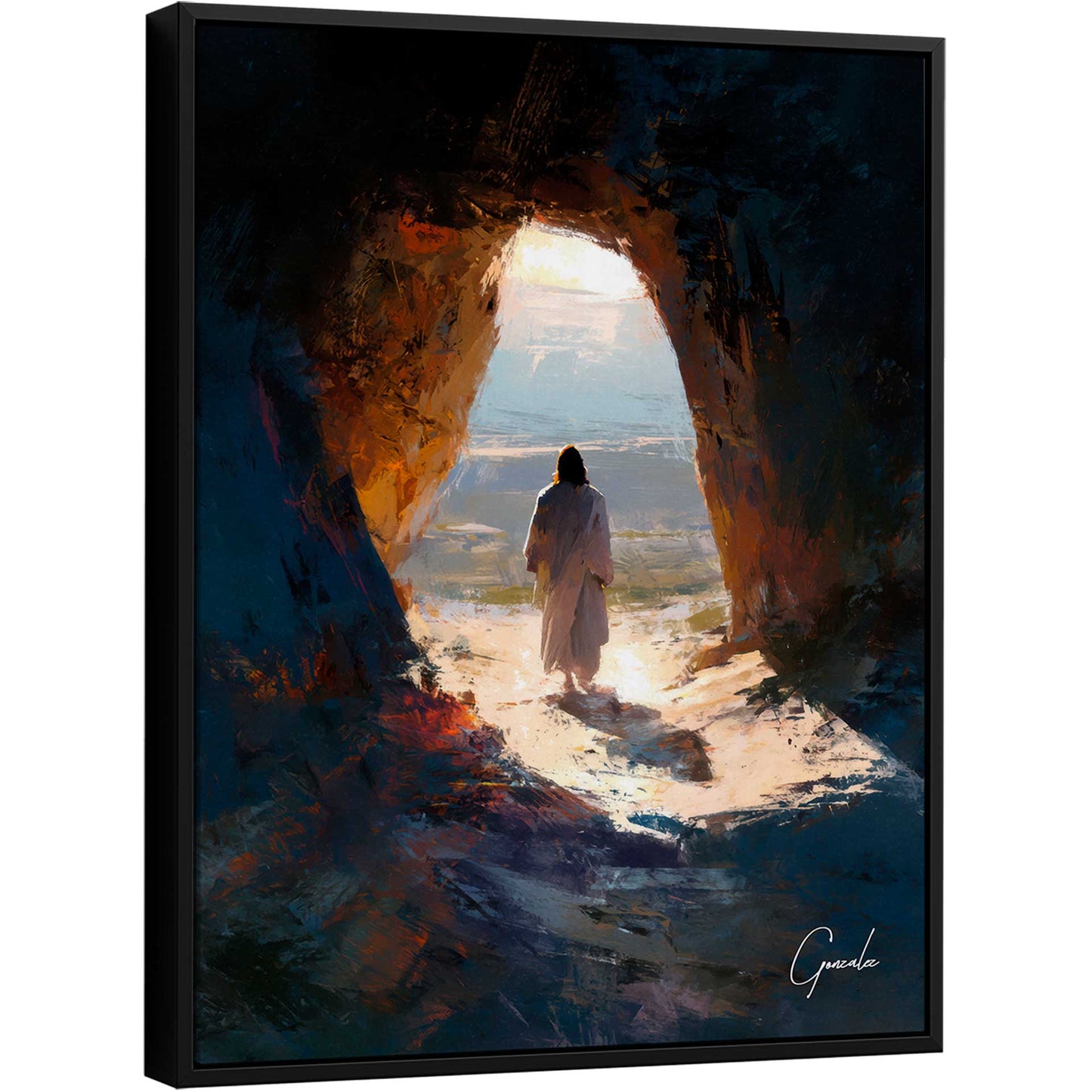 The Awakening of Faith painting: a solitary robed figure emerges from a dark cavern into a sunlit, vibrant landscape in modern impressionist style.