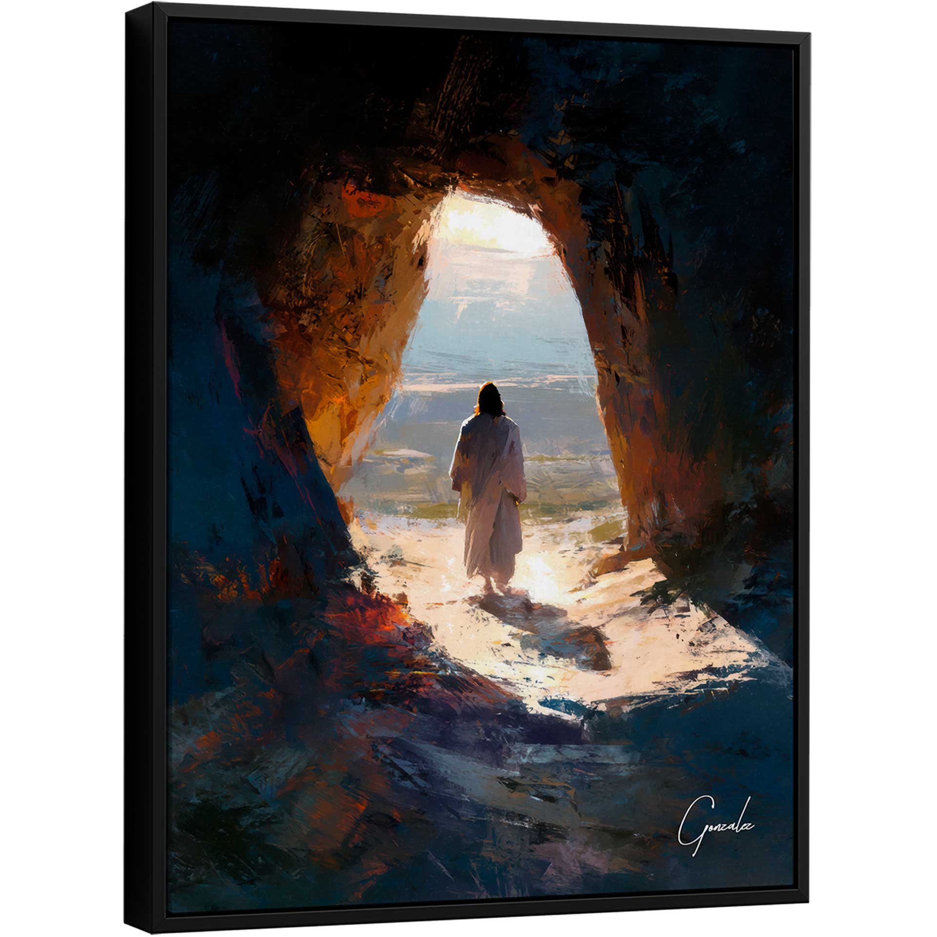 The Awakening of Faith painting: a solitary robed figure emerges from a dark cavern into a sunlit, vibrant landscape in modern impressionist style.