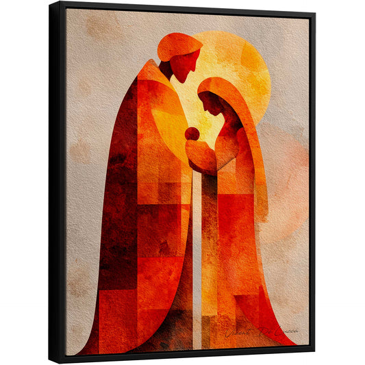 Abstract Holy Family painting with cubist geometry and a radiant yellow halo