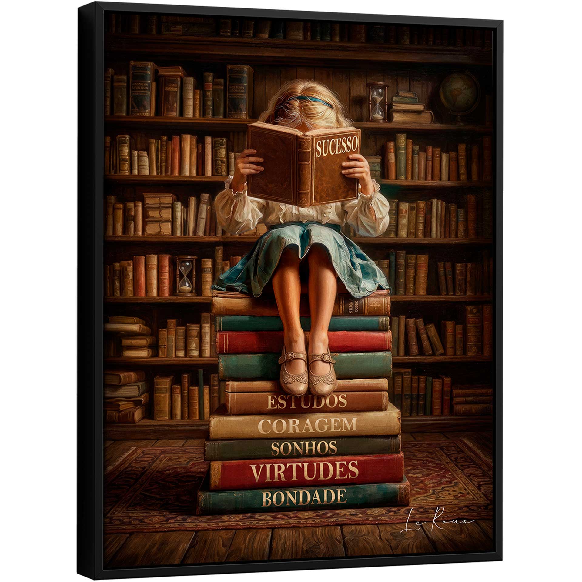 Young girl reading a book titled Success on a stack of books labeled Studies, Courage, Dreams, Virtues, and Kindness in a scholarly library