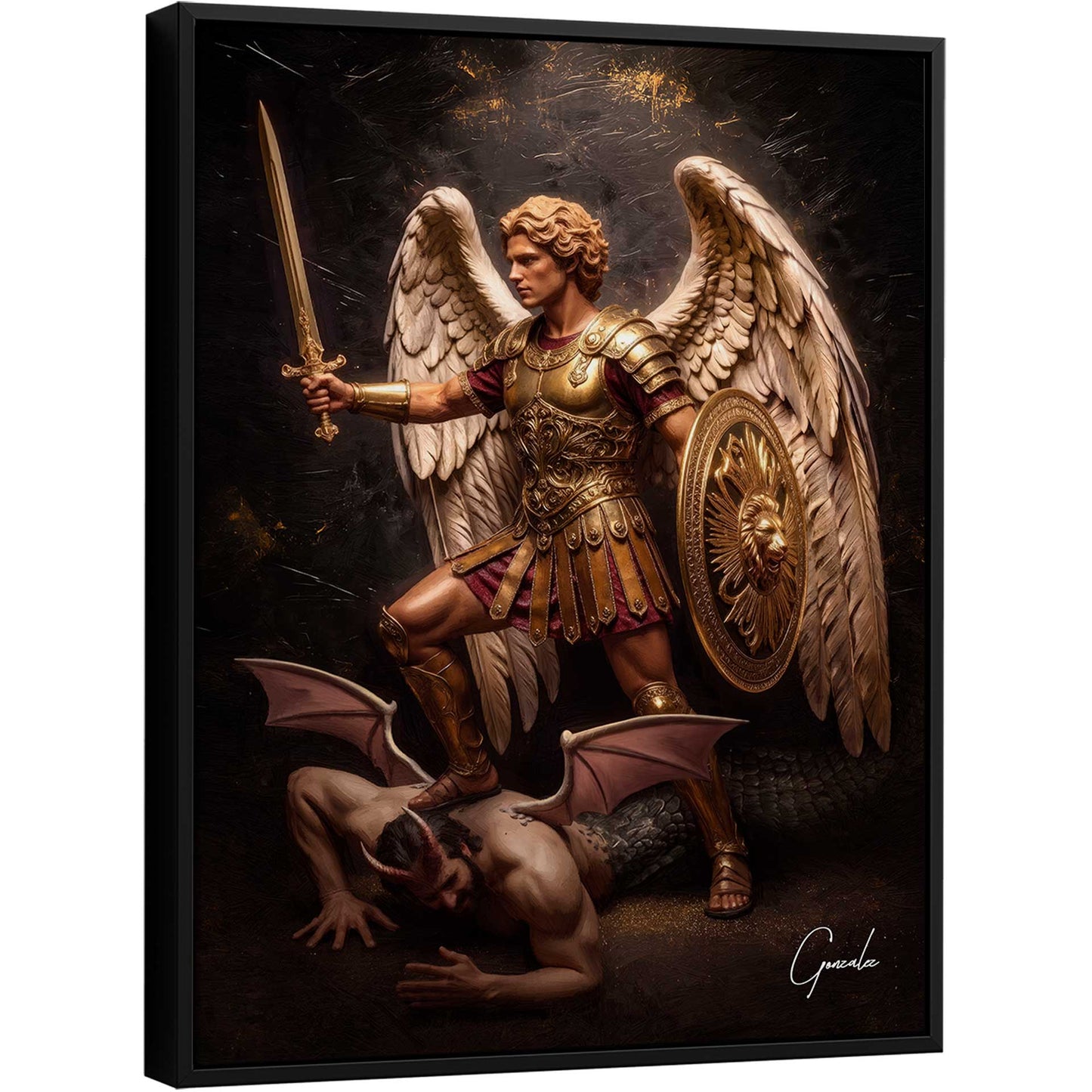 Golden Saint Michael Painting: Archangel Michael in golden armor with white wings, standing over a horned demon, dramatic chiaroscuro on dark background.