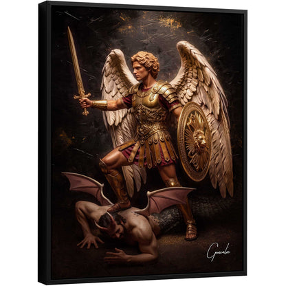 Golden Saint Michael Painting: Archangel Michael in golden armor with white wings, standing over a horned demon, dramatic chiaroscuro on dark background.
