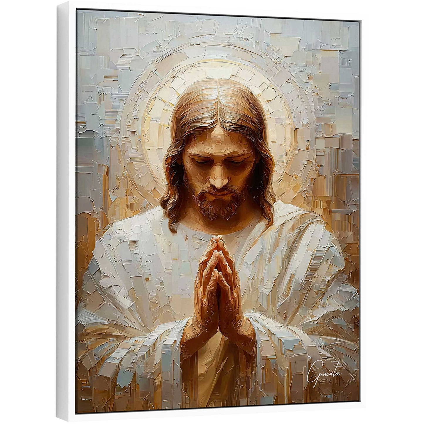 Jesus praying with bowed head in warm-toned modern impasto painting