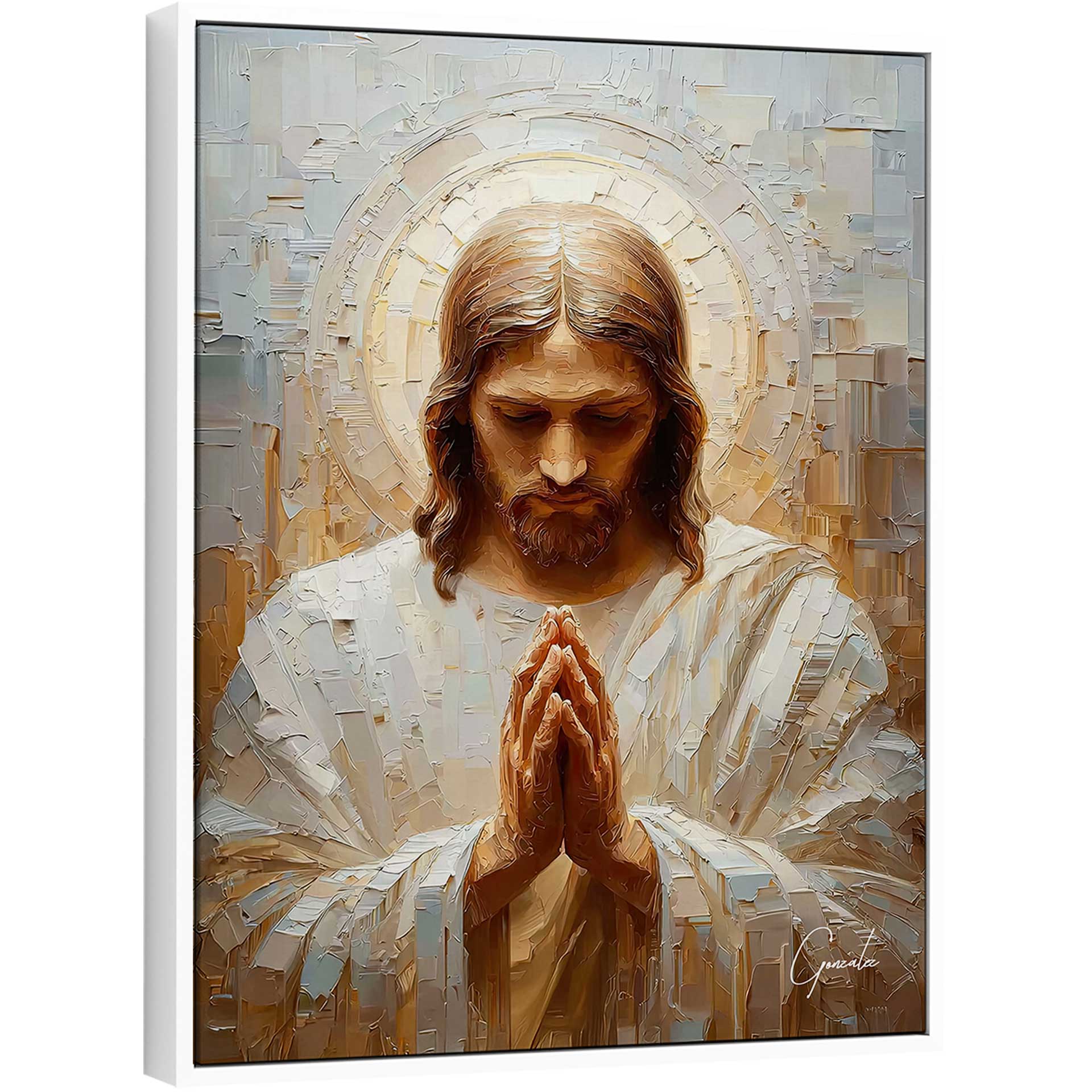 Jesus praying with bowed head in warm-toned modern impasto painting