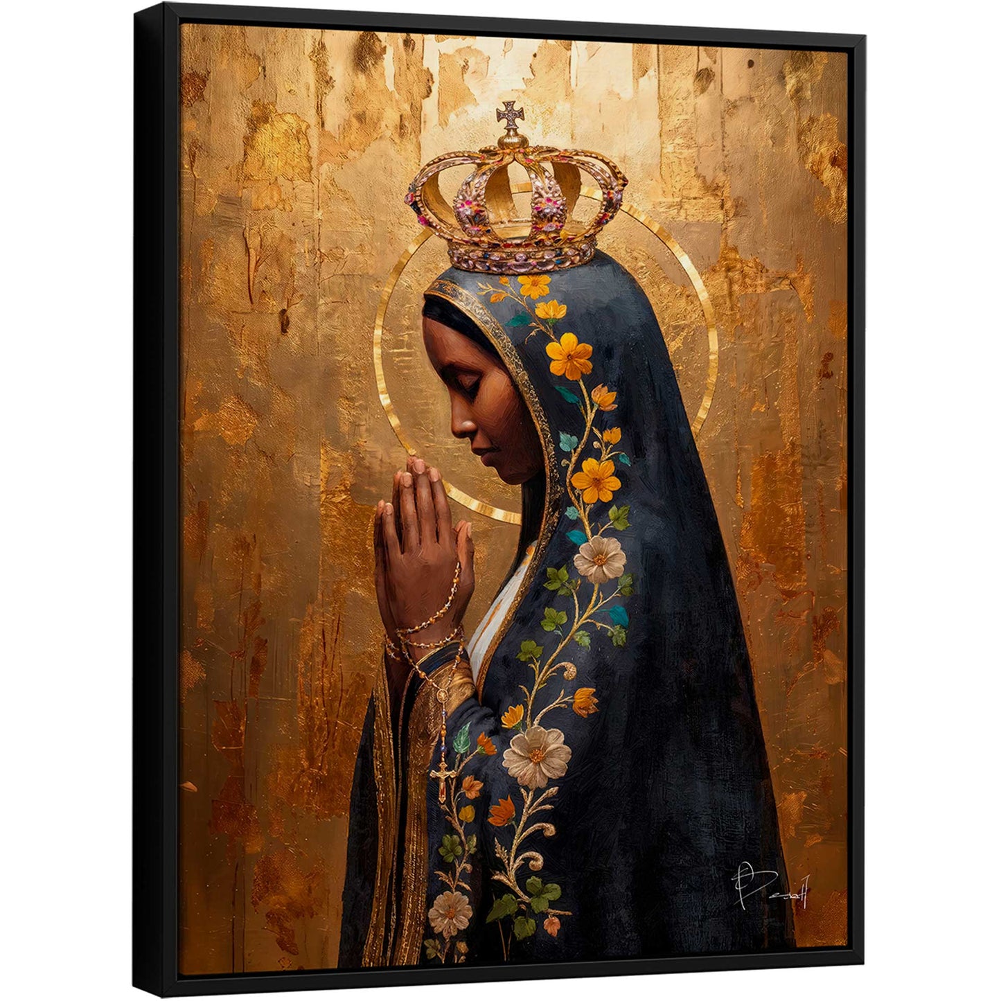 Our Lady of Aparecida wall art: serene dark-skinned Madonna in prayer with golden crown and halo