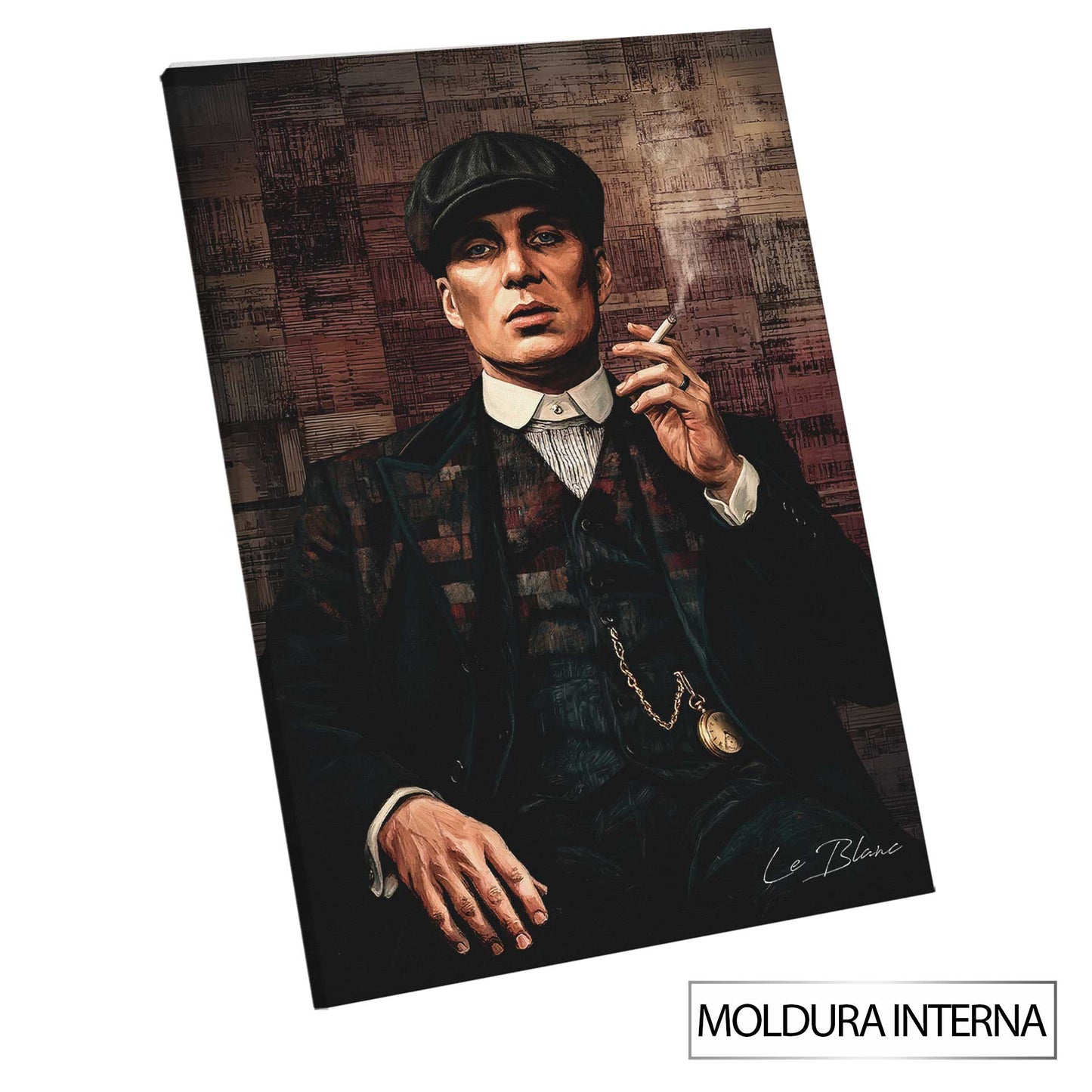 Vintage 1920s-inspired wall art poster featuring Tommy Shelby LegnArt with warm browns and subtle reds in a textured backdrop ideal for study or living spaces.
