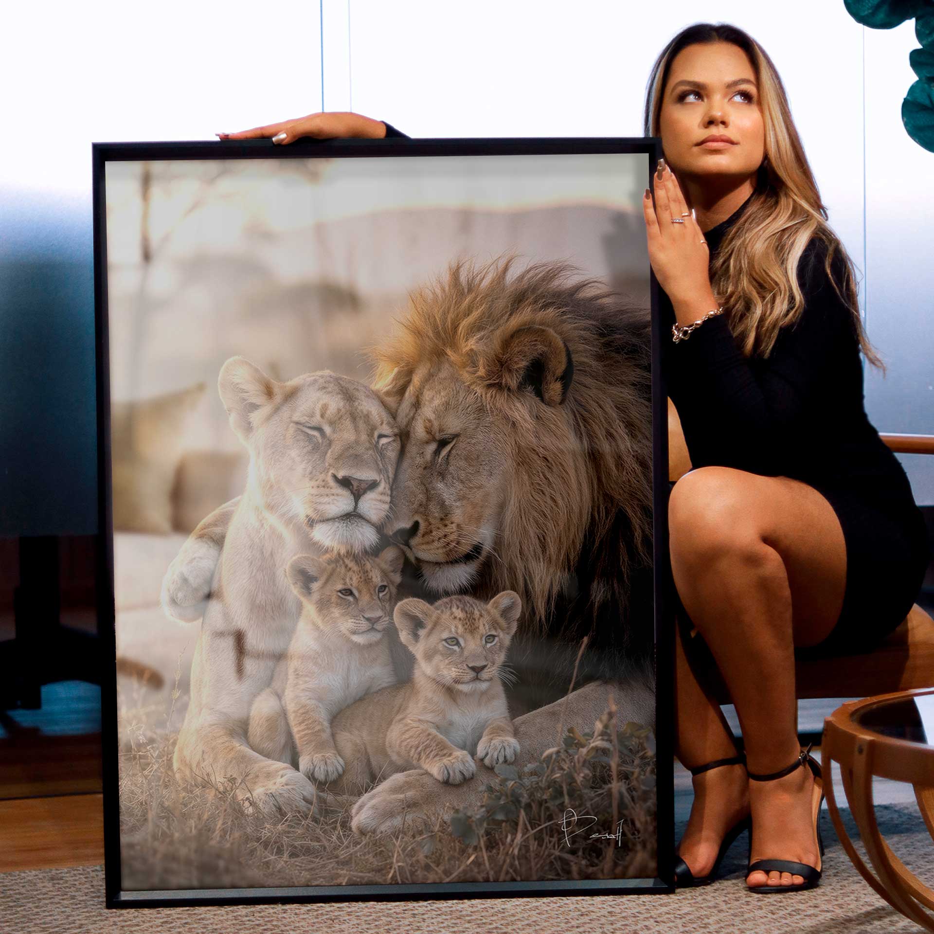 Photographic-style portrait of a lion family in warm, golden hues
