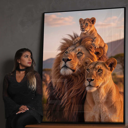 Majestic lions in warm pastel sky for living room.