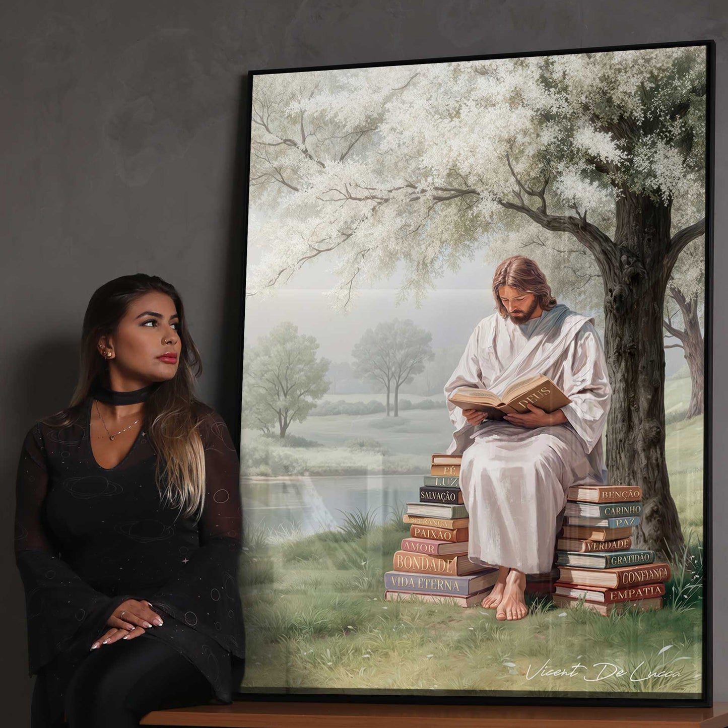 Soft greens and a blooming white tree frame the contemplative portrait