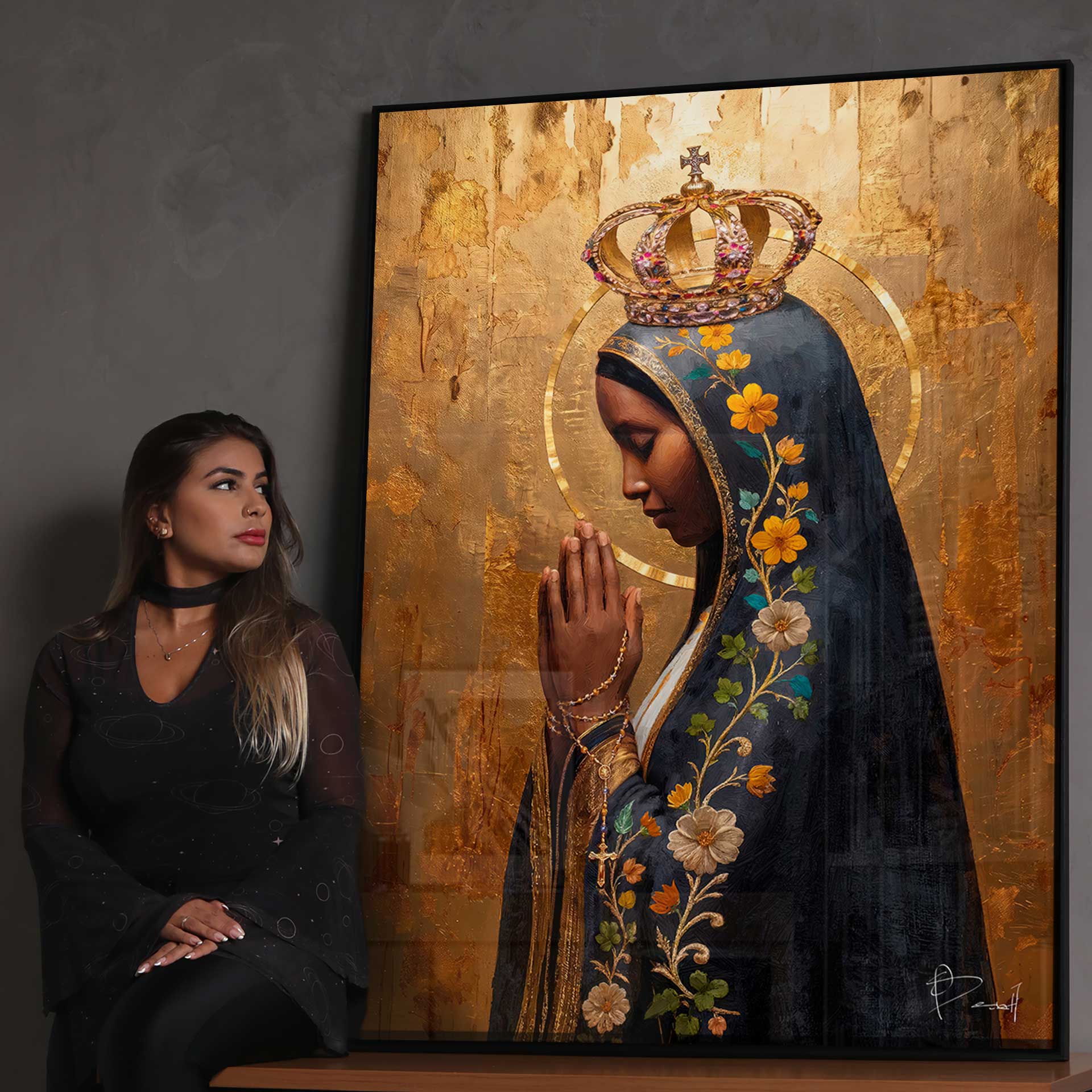 Rich gold accents and textured surface in the Our Lady of Aparecida artwork