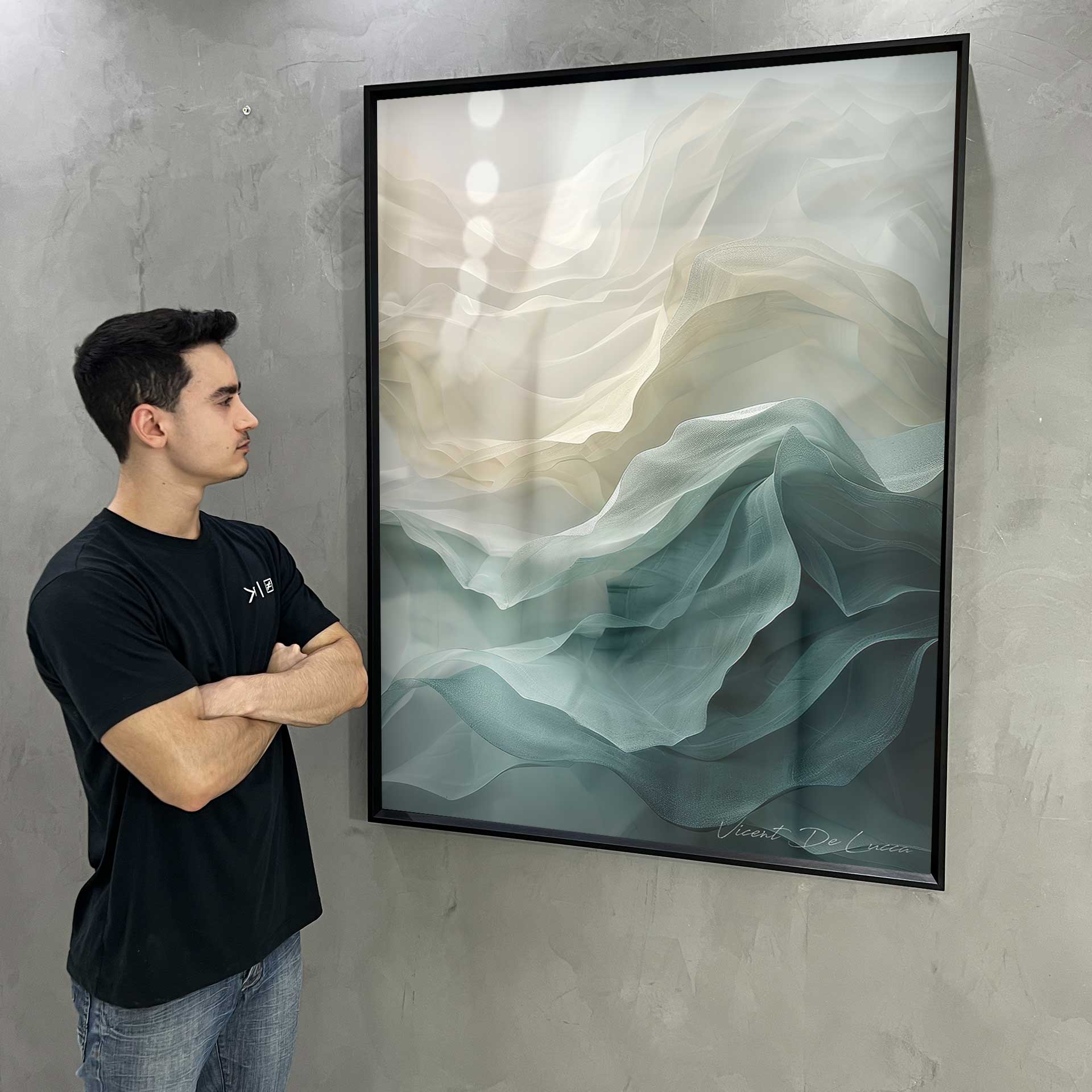 Abstract painting with depth and movement in cool blues and creams