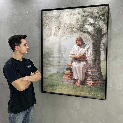 Stacks of books inscribed with Faith, Love, and Peace beside Jesus