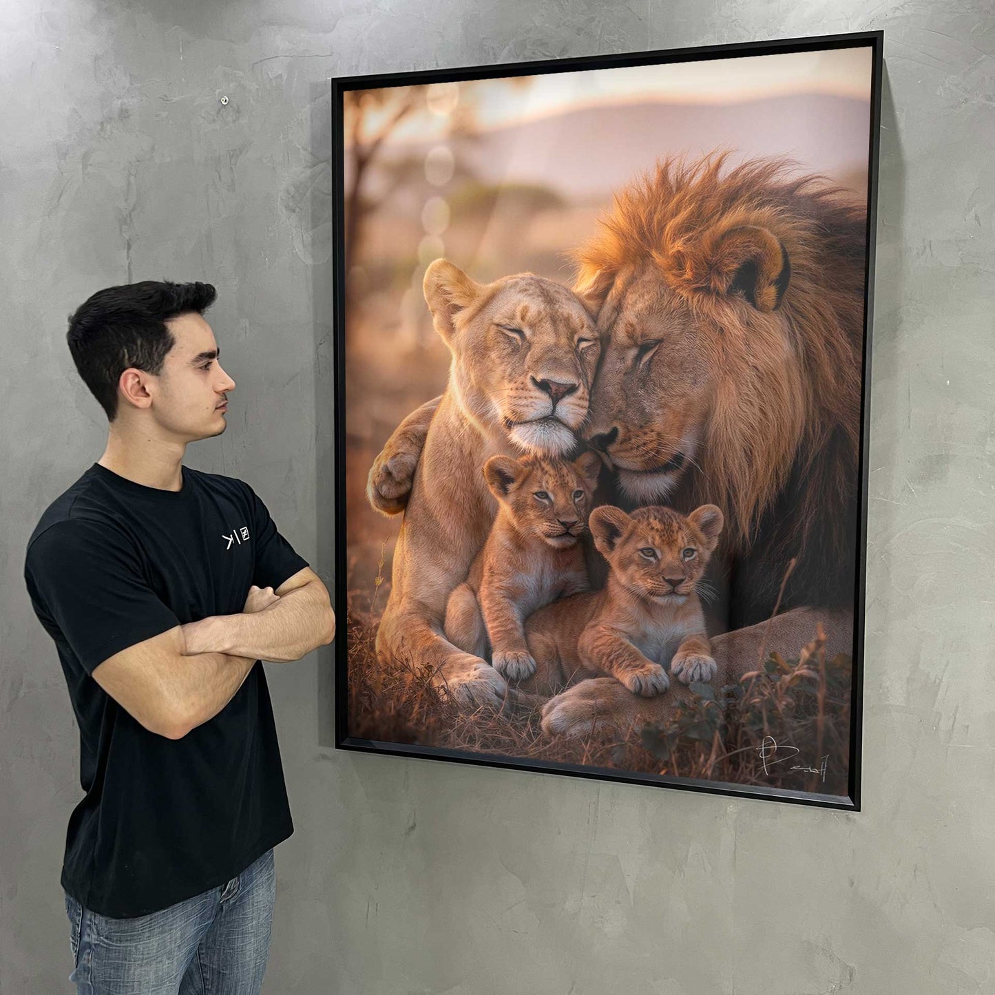 Realistic lion family portrait featuring rich oranges, browns, and yellows