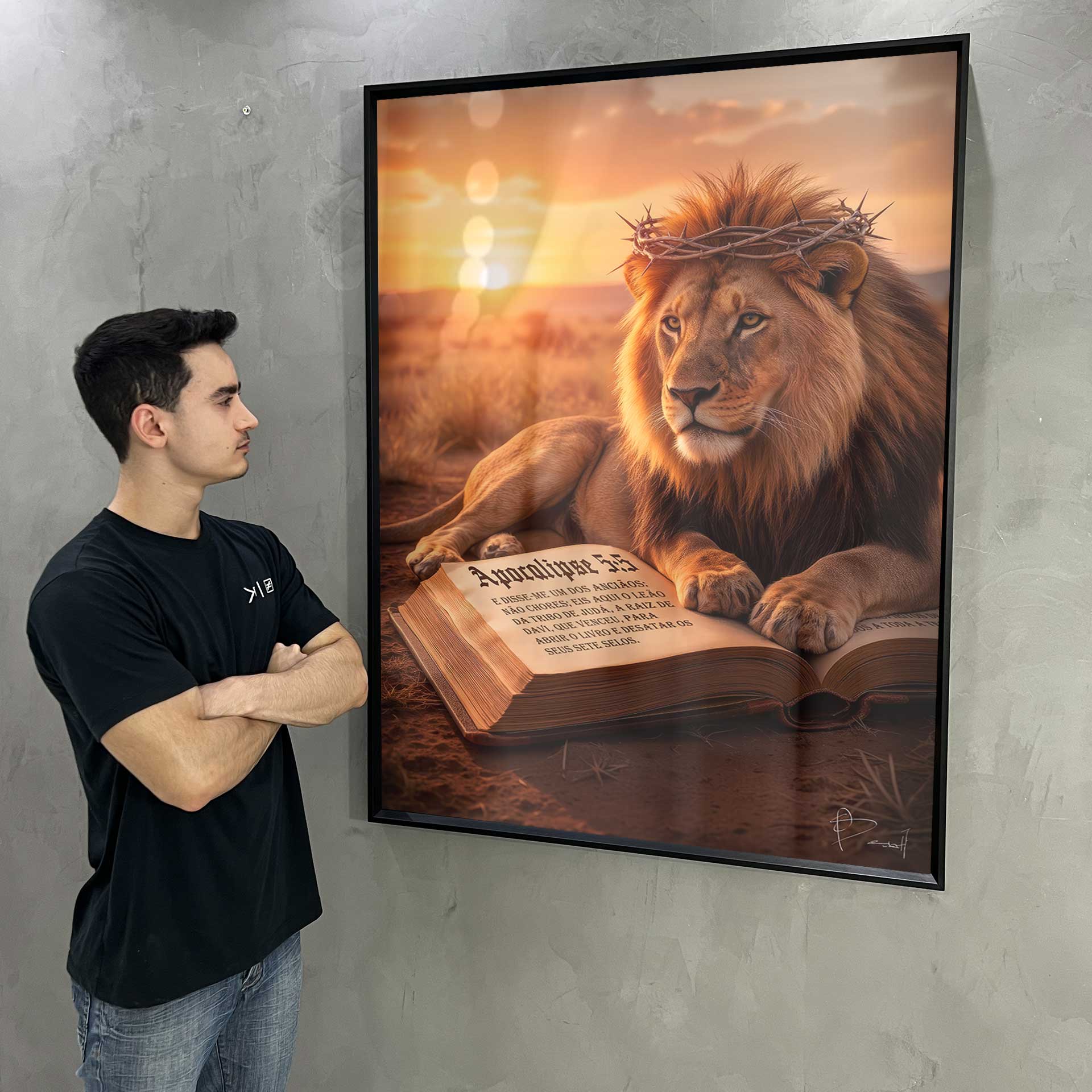 Lion of Revelation wall art emphasizing a contemplative gaze and biblical text Revelation 5:5