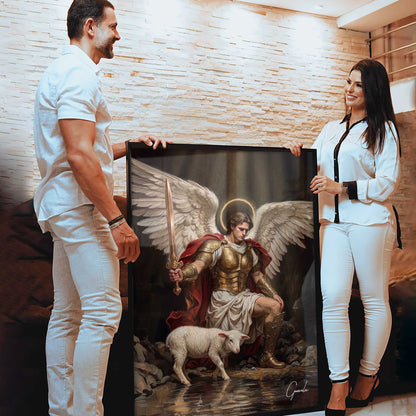 White tunic contrasts with rich gold and red hues in a Renaissance-inspired scene.