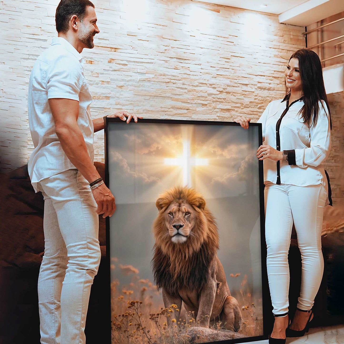 Radiant cross glowing above the lion, breaking through clouds.