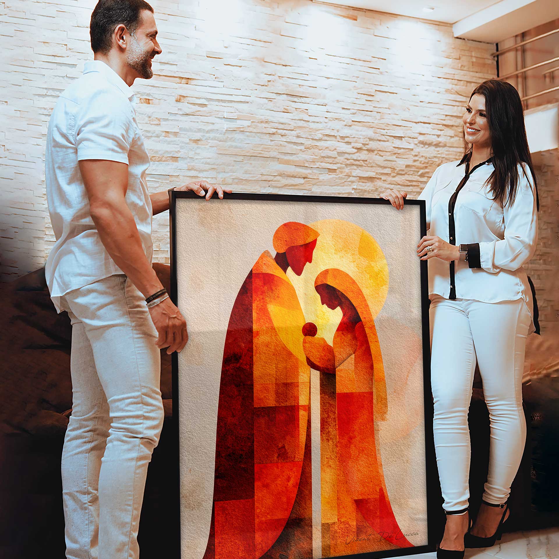 Stylized Joseph, Mary, and baby Jesus depicted in geometric art