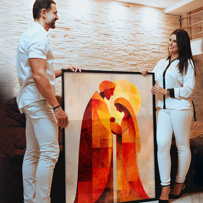 Stylized Joseph, Mary, and baby Jesus depicted in geometric art