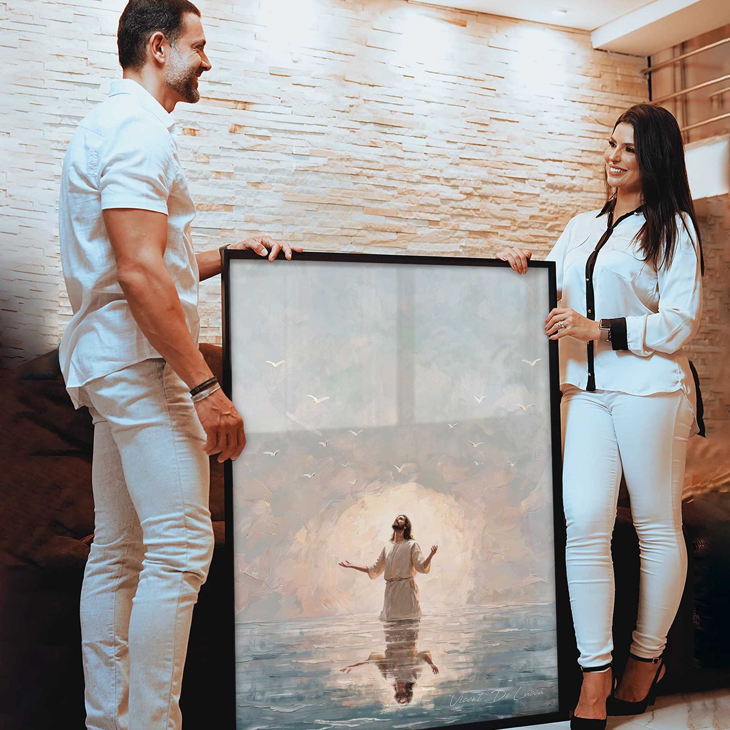 Reflection of Christ on calm water adds depth and balance to the composition.
