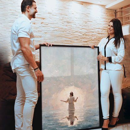 Reflection of Christ on calm water adds depth and balance to the composition.