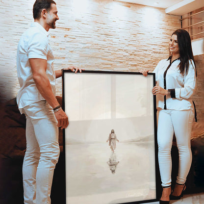 Beige and pale gray tones create a peaceful religious scene of Jesus on water with reflections.