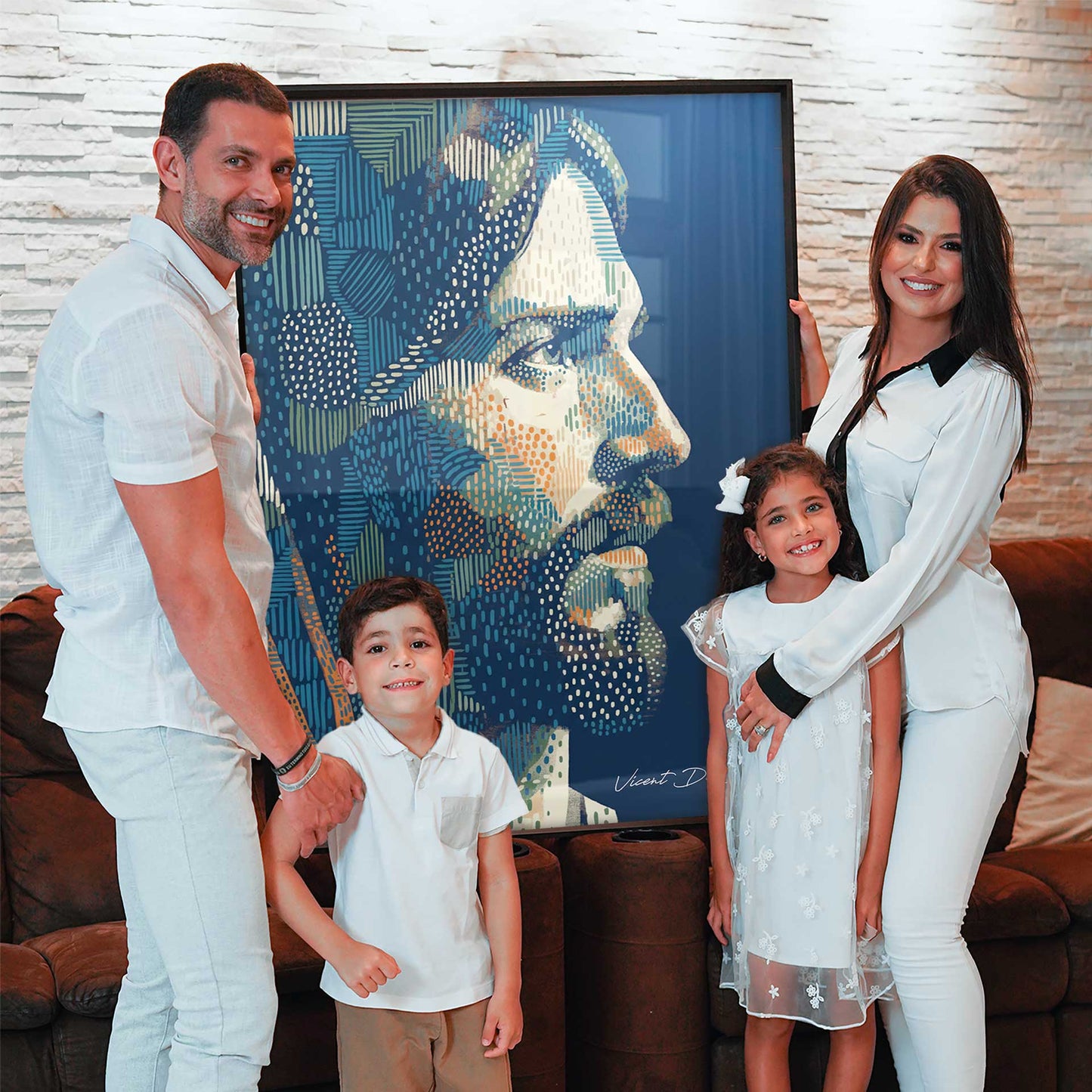 Contemporary religious wall art featuring blues, creams, and oranges