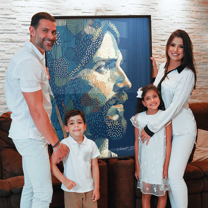 Contemporary religious wall art featuring blues, creams, and oranges