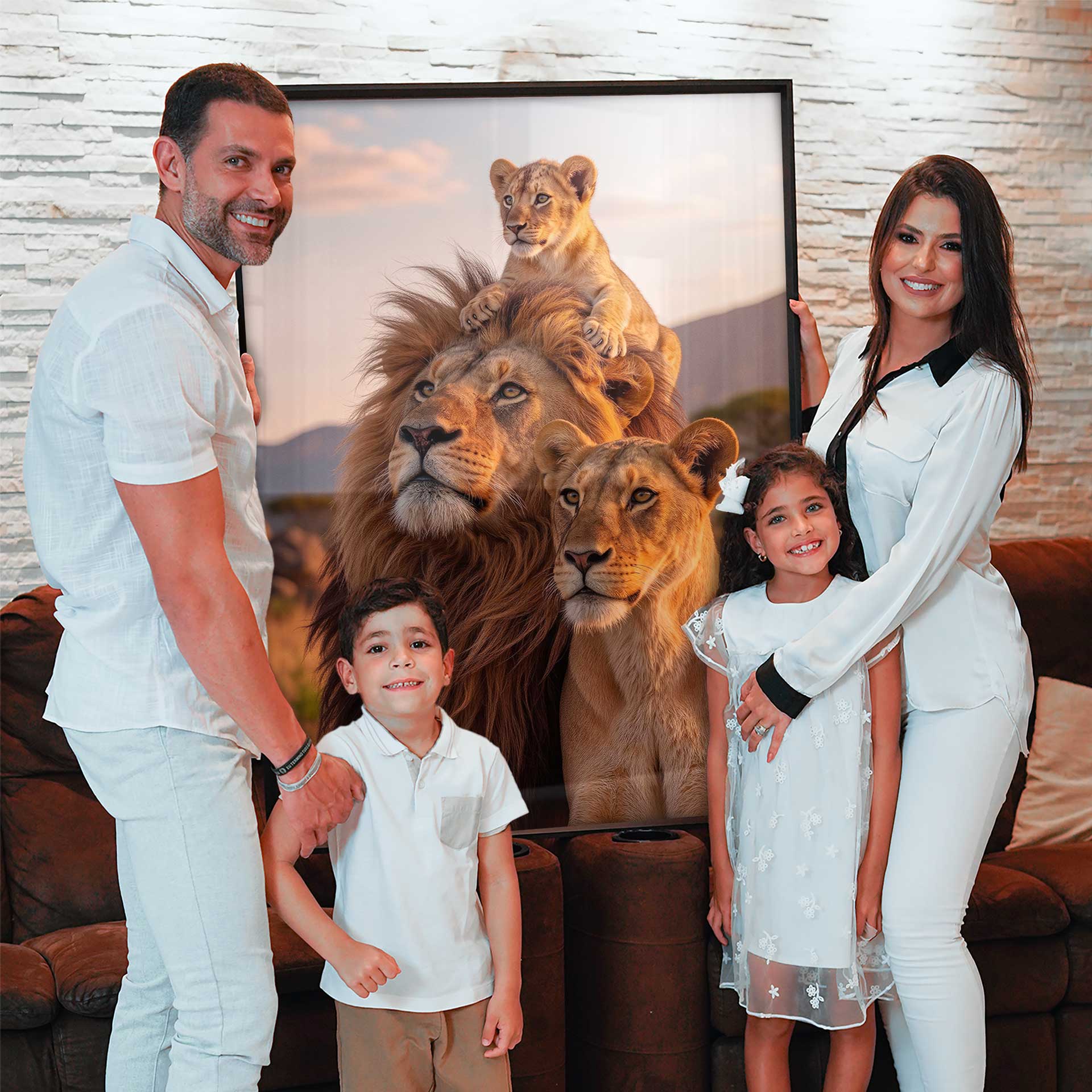 Lifelike lion family wall art in golden ochre tones.