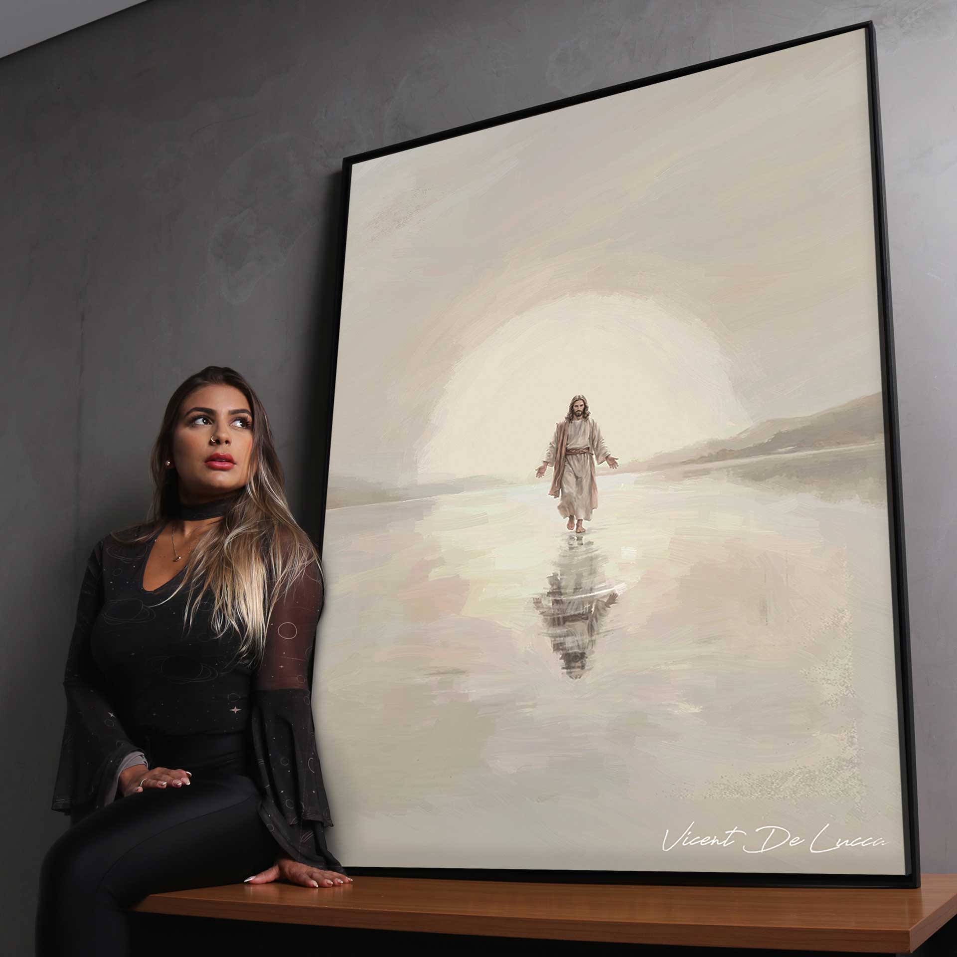Balanced composition emphasizing divine presence in a minimalist water landscape.