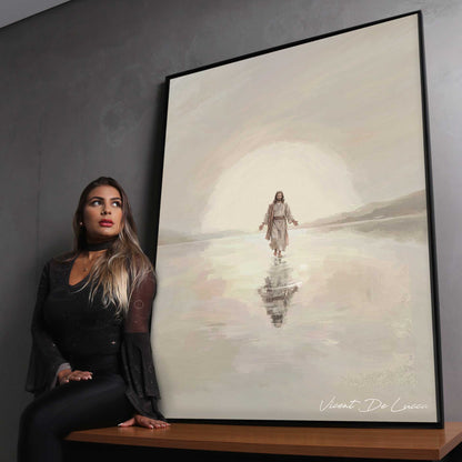 Balanced composition emphasizing divine presence in a minimalist water landscape.