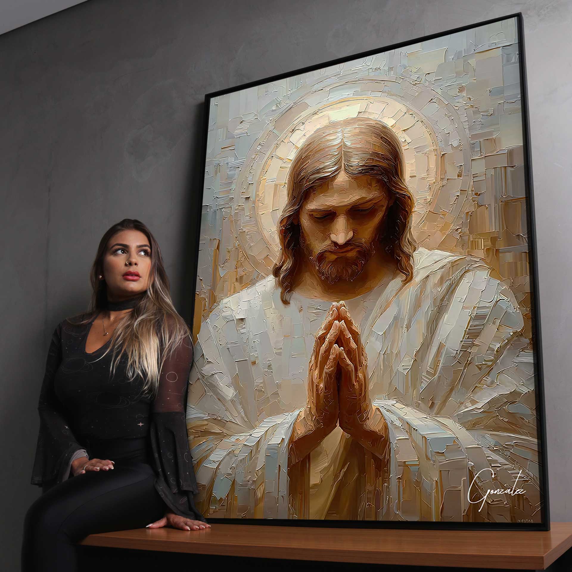 Central Jesus figure highlighted by a subtle halo in browns and golds
