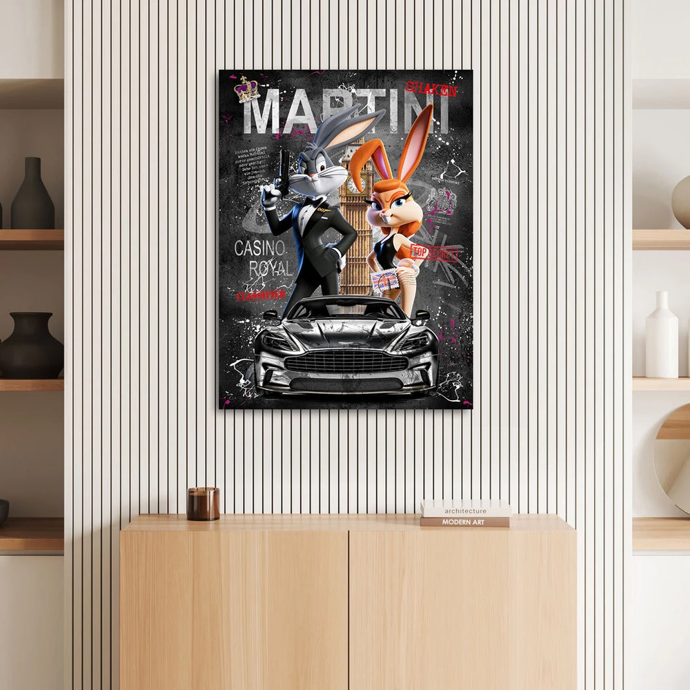 Urban London skyline with Big Ben visible behind Agent Rabbit in a bold pop graffiti artwork.