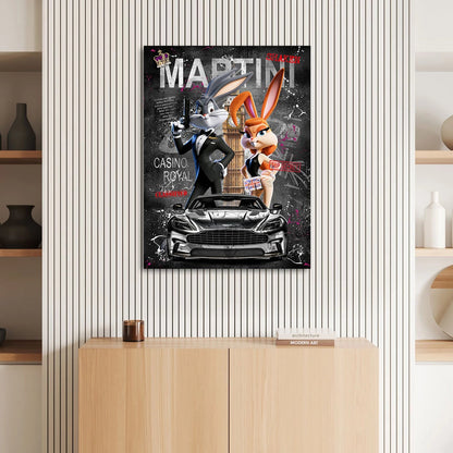 Urban London skyline with Big Ben visible behind Agent Rabbit in a bold pop graffiti artwork.