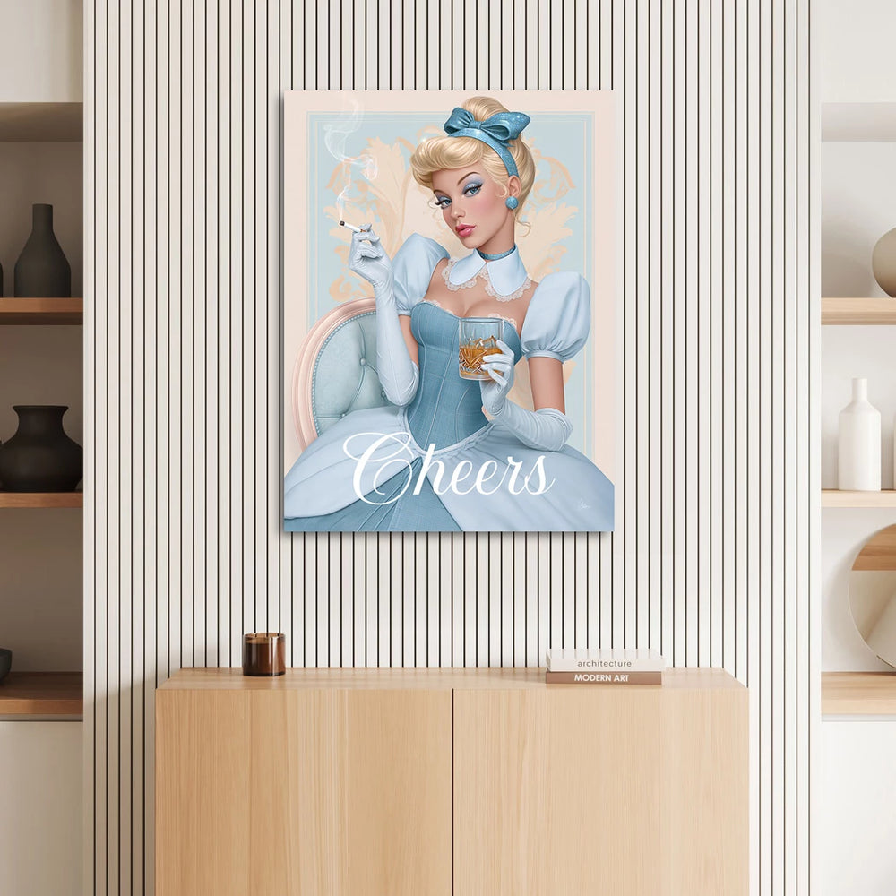 Close-up portrait of the Cinderella-inspired woman with a bold direct gaze set in a vintage pop art palette.
