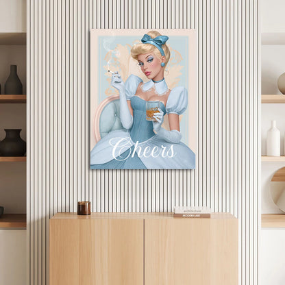 Close-up portrait of the Cinderella-inspired woman with a bold direct gaze set in a vintage pop art palette.