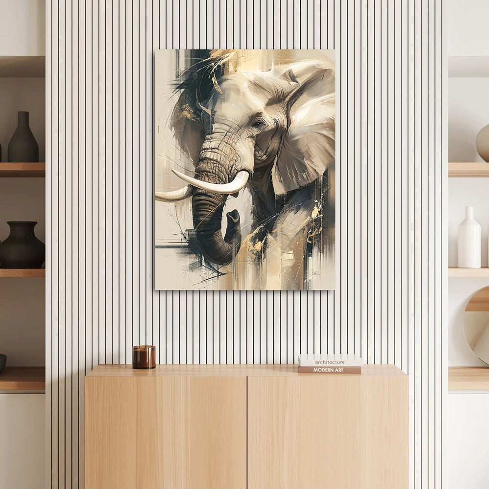 Elephant portrait on muted canvas with beige, cream and bronze highlights