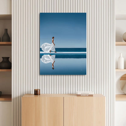 Minimalist blue landscape with a white-dressed woman walking along a bright pool edge and distant sea.