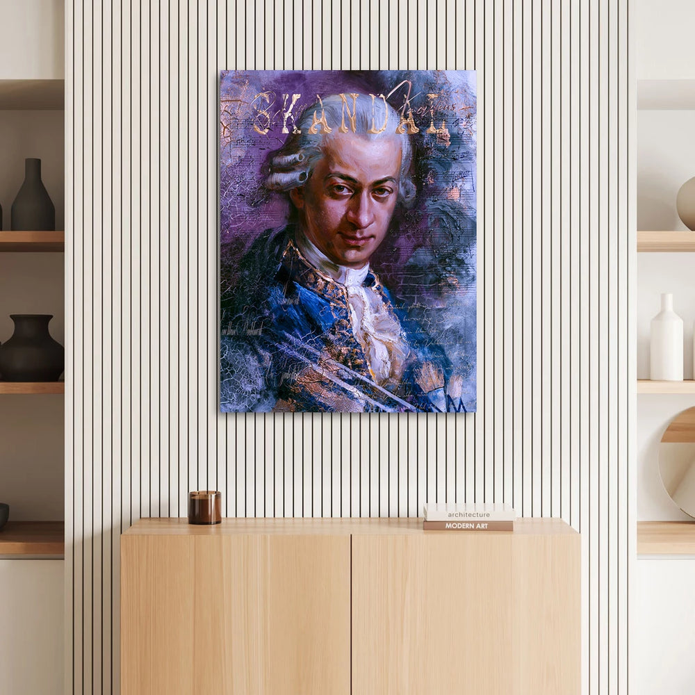 Vibrant wall art canvas with Mozart, musical notes, and crackle textures for a modern eclectic vibe.