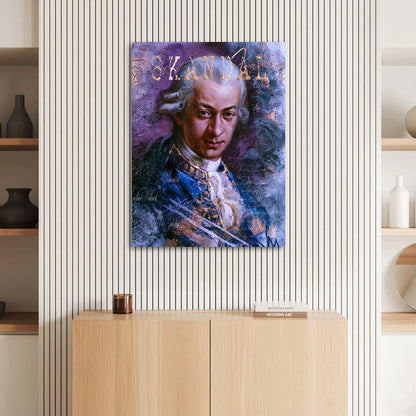 Vibrant wall art canvas with Mozart, musical notes, and crackle textures for a modern eclectic vibe.