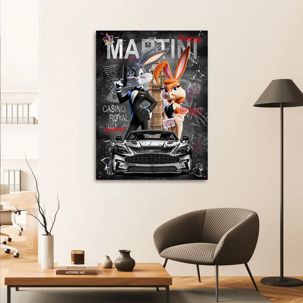 Sleek metallic luxury sports car dominates the foreground in the Agent Rabbit canvas piece.