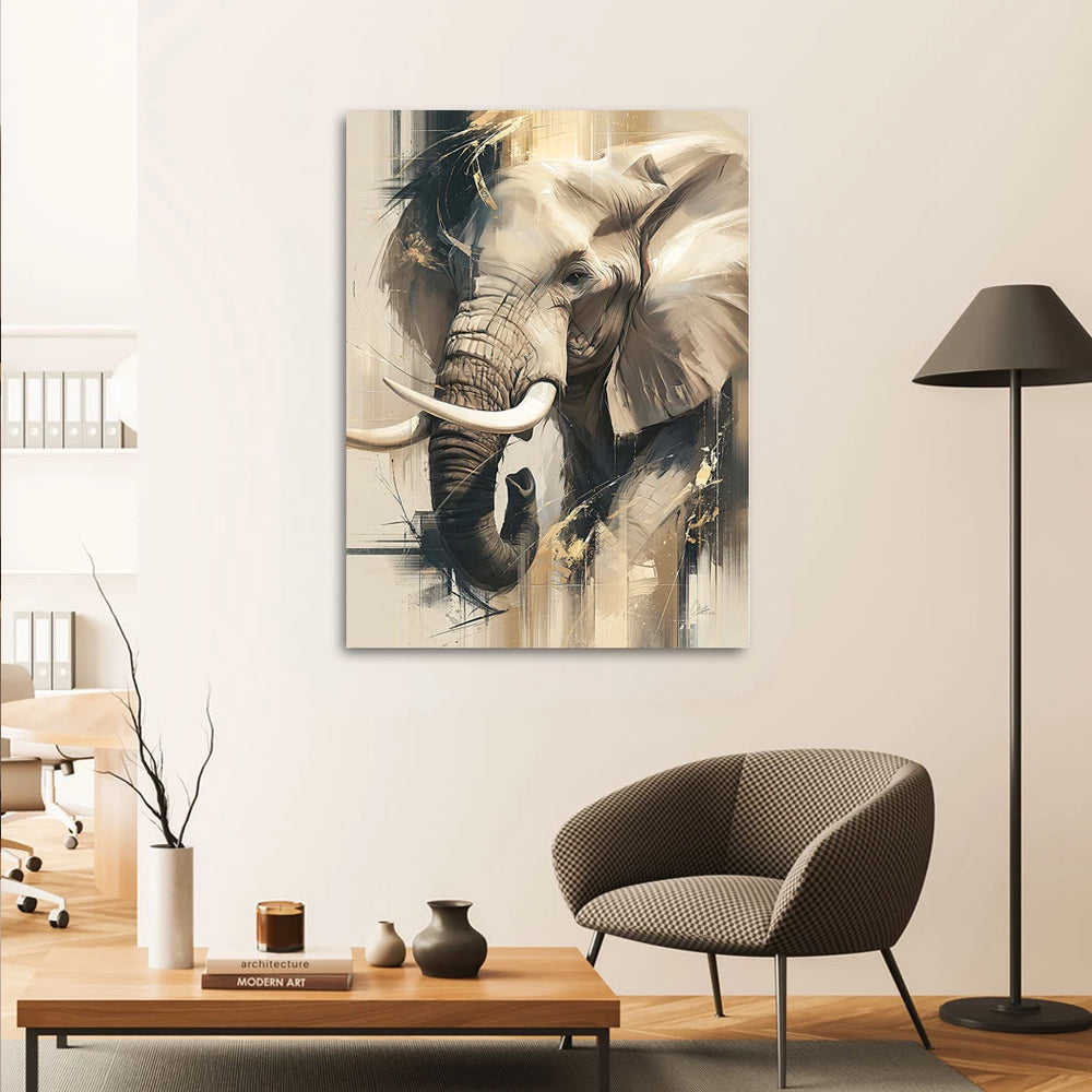 Elegant elephant canvas art featuring bold gold accents and textured strokes